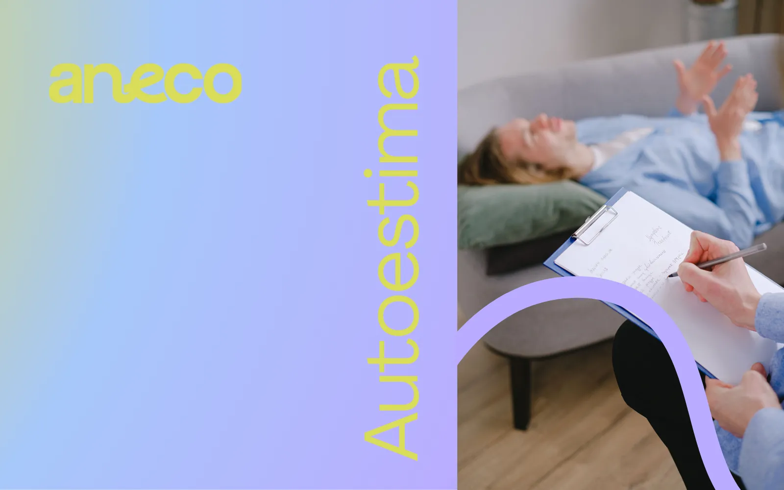 Persona recostada en un sofá mientras otra toma notas en un portapapeles, junto a la palabra «Autoestima»